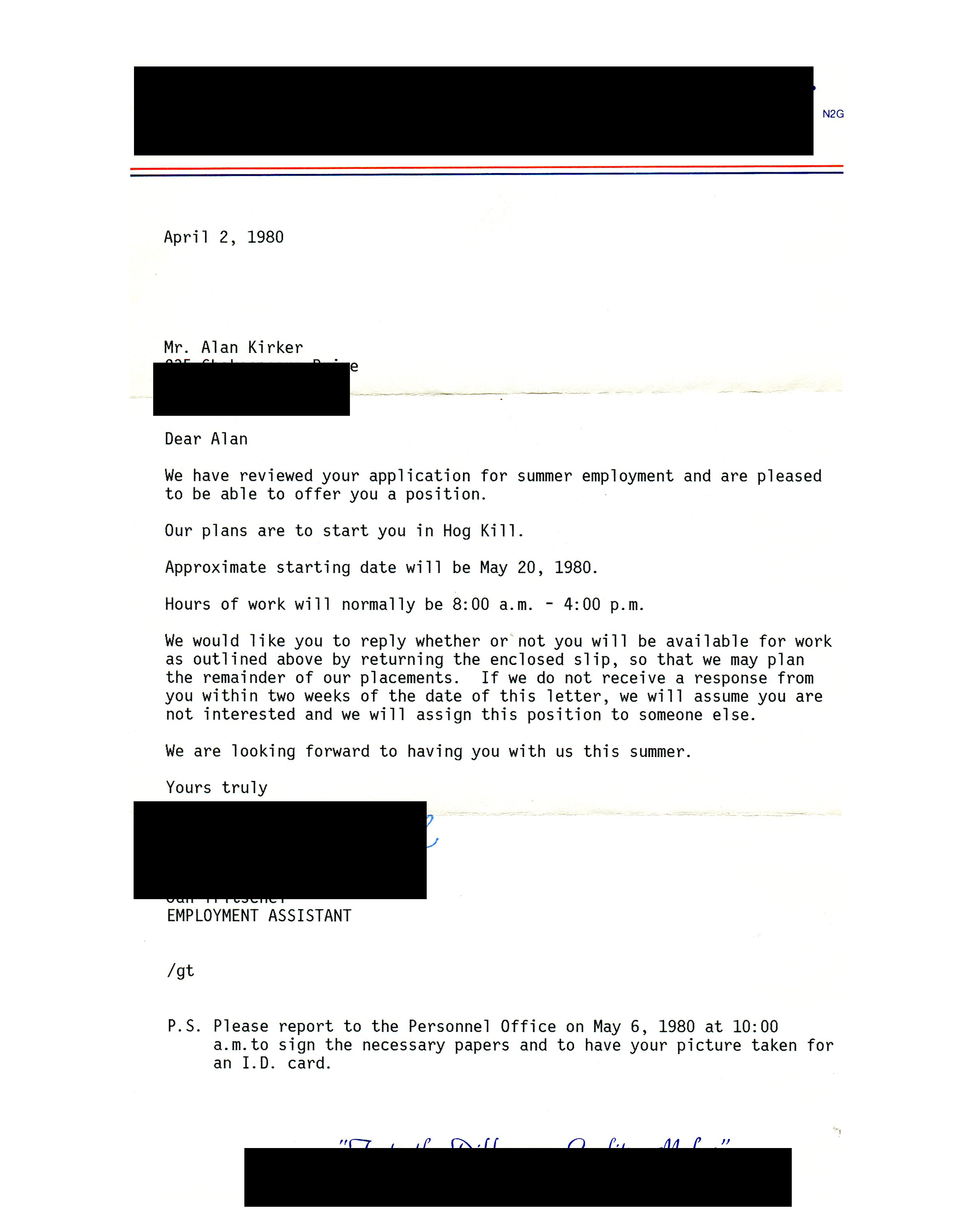 summer employment offer letter 1980
